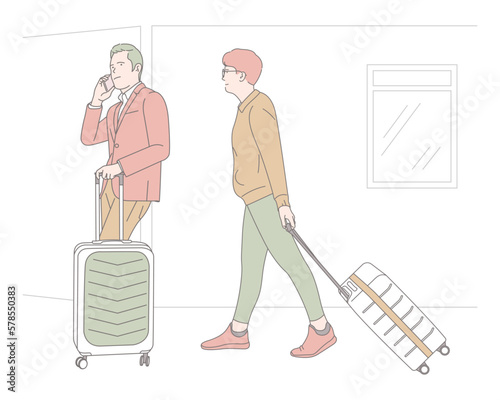 Two-man traveling with a suitcase, concept illustration