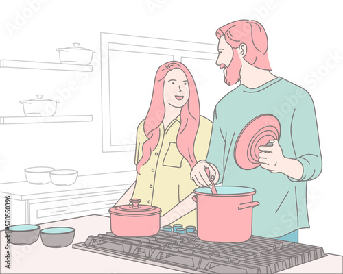 Man and woman cooking  concept illustration
