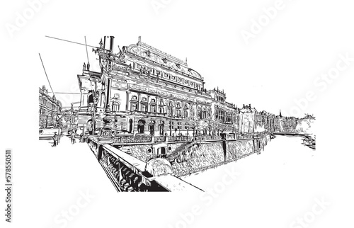 Building view with landmark of Prague is the 
capital of the Czech Republic. Hand drawn sketch illustration in vector