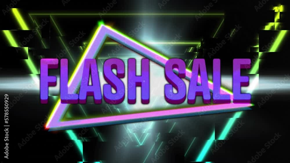 Animation of flash sale text over triangle neon tunnel Animation of flash sale text over triangle neon tunnel