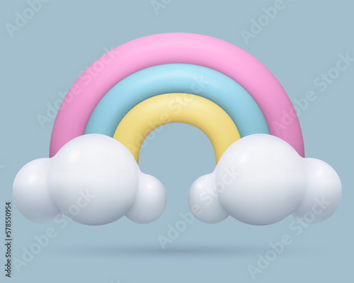 3d Rainbow Icon with white clouds realistic three dimensional cartoon plastic design element