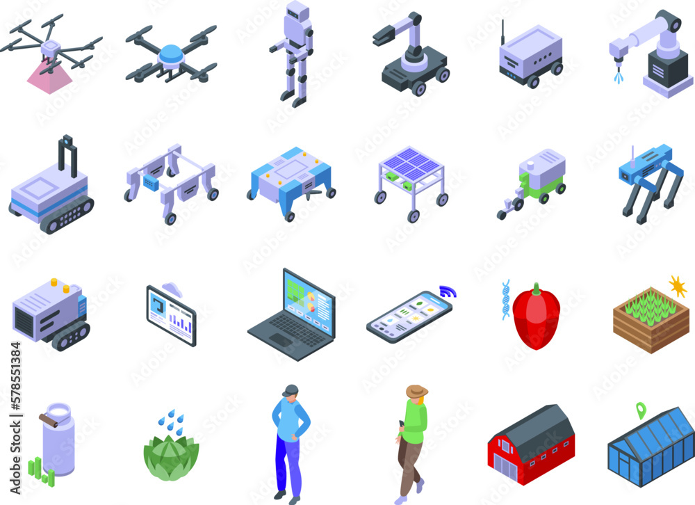Artificial intelligence in agriculture icons set isometric vector. Smart field. Solar farmer - obrazy, fototapety, plakaty 
