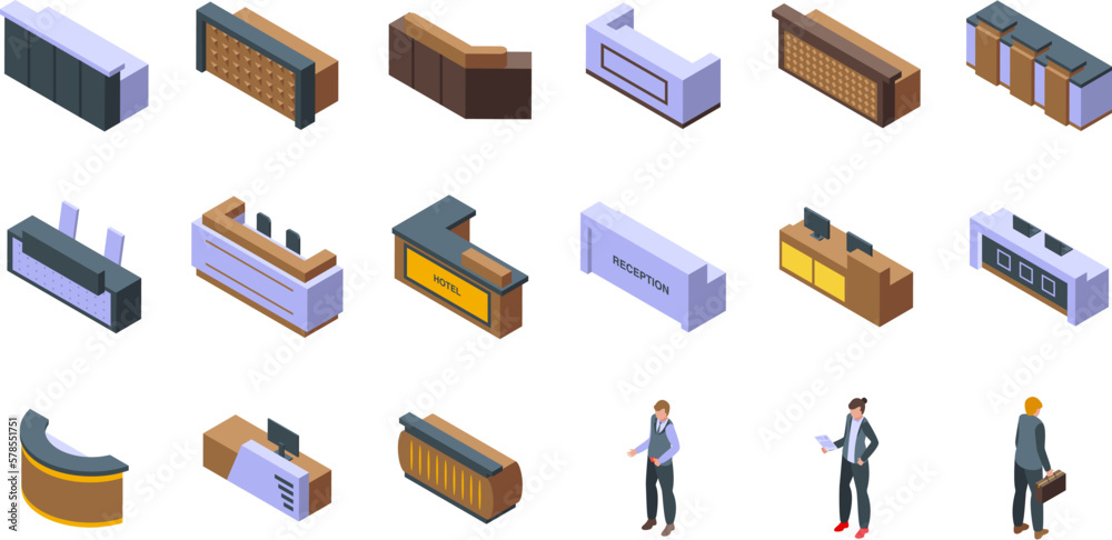 Hotel reception icons set isometric vector. Desk lobby. Service counter