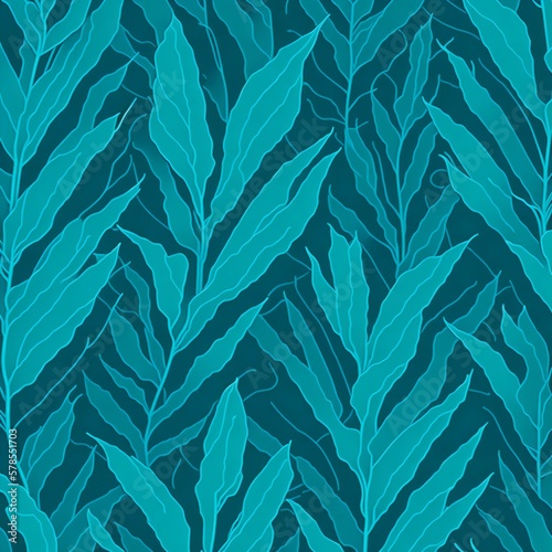 Turquoise palm leaves pattern on full contrast color background, clean and sharp, super realistic style with rendered modeling effect, no extra objects, aesthetic and detailed, good AI generated anato