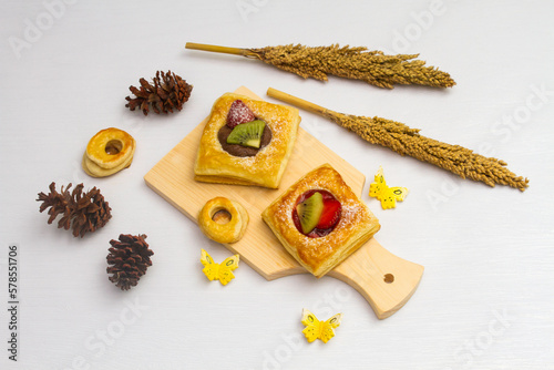top view of pastries on white table 