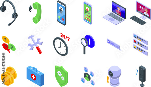 Call a consultant icons set isometric vector. Service support. Center customer