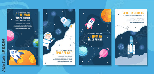 International Human Space Flight Day Social Media Stories Cartoon Hand Drawn Templates Background Illustration