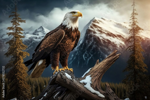 Bald eagle in a tree, mountains in the background. Generative AI © Smeagolrex