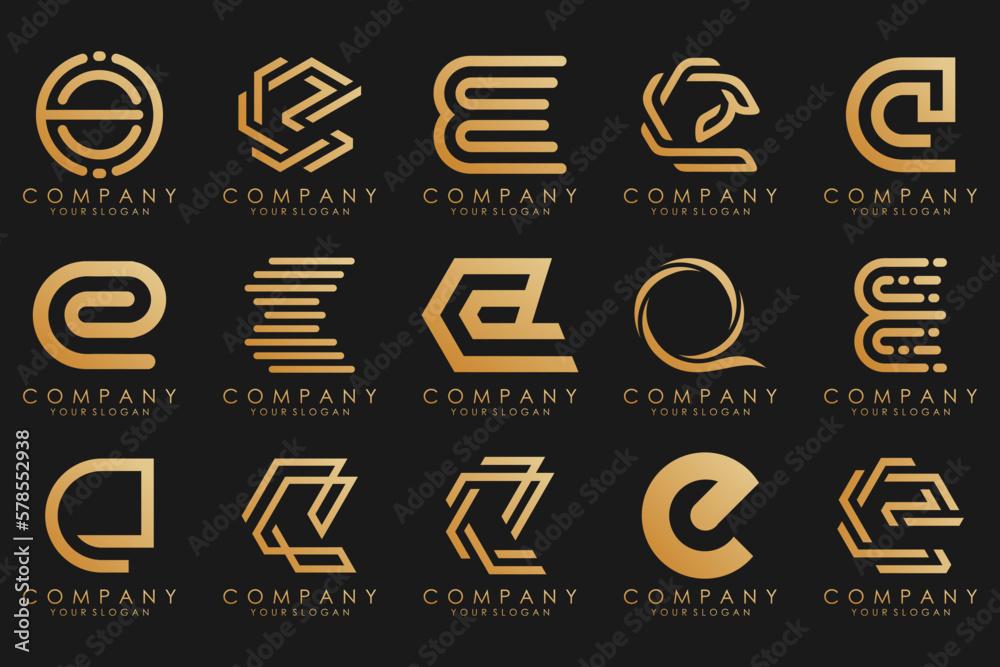 collection logos golden luxury with letters E. Geometrical abstract logos. collection logos golden luxury with letters E. Geometrical abstract logos.