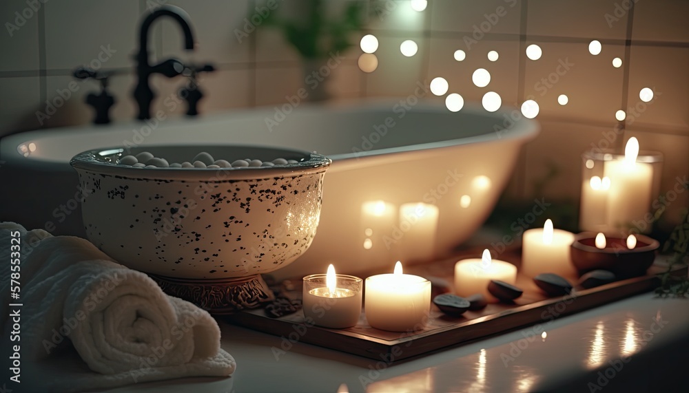 Candles in a spa bathtub. Relaxing soap suds soak. Romantic bath. Stock  Illustration