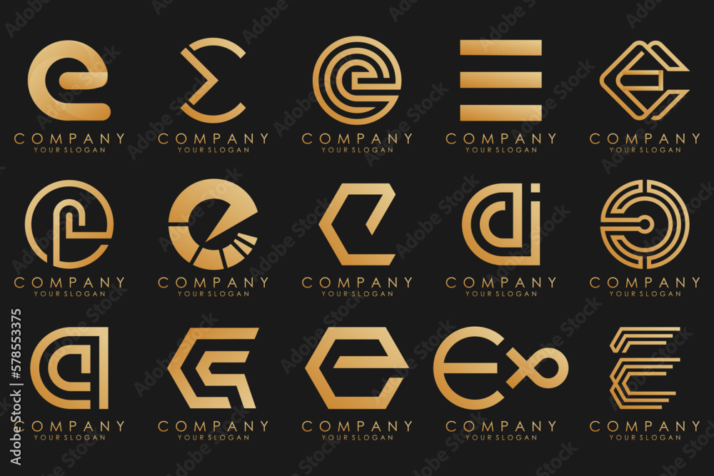 collection logos golden luxury with letters E. Geometrical abstract logos. collection logos golden luxury with letters E. Geometrical abstract logos.