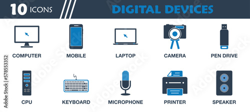 Digital Devices Icon Set. Collection of computer, mobile phone, laptop, CPU, camera, speaker, printer, icons. Editable Vector Symbol Illustration.