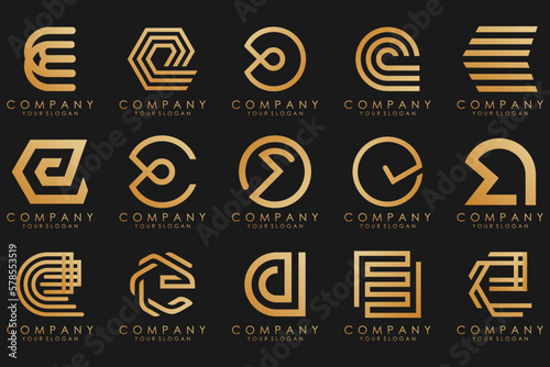 collection logos golden luxury with letters E. Geometrical abstract logos.