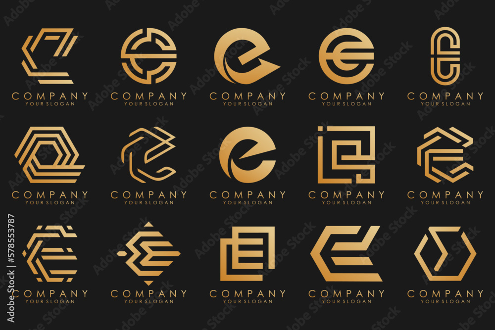 collection logos golden luxury with letters E. Geometrical abstract logos. collection logos golden luxury with letters E. Geometrical abstract logos.