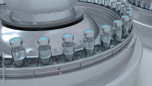 No Logo Vaccine Mass Production in Laboratory, Bottles on Conveyor Belt in Research Lab.