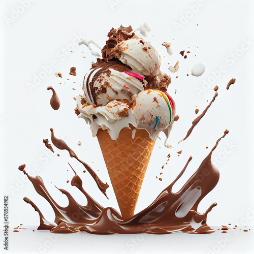 rocky road, ice cream cone in white background, Generative AI