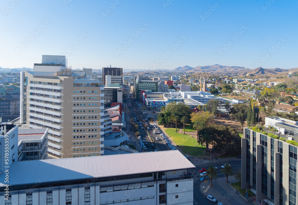 Fototapeta premium Aerial view of buildings in Windhoek downtown urban city town. Namibia, South Africa.