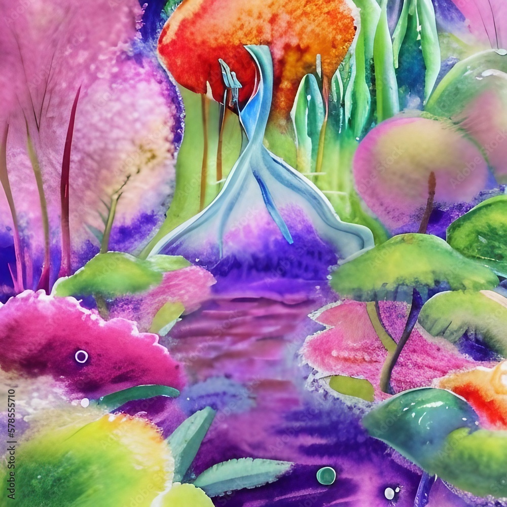 Watercolor of a psychedelic garden in bloom, AI-Generated. Psychedelic flowers bright neon.