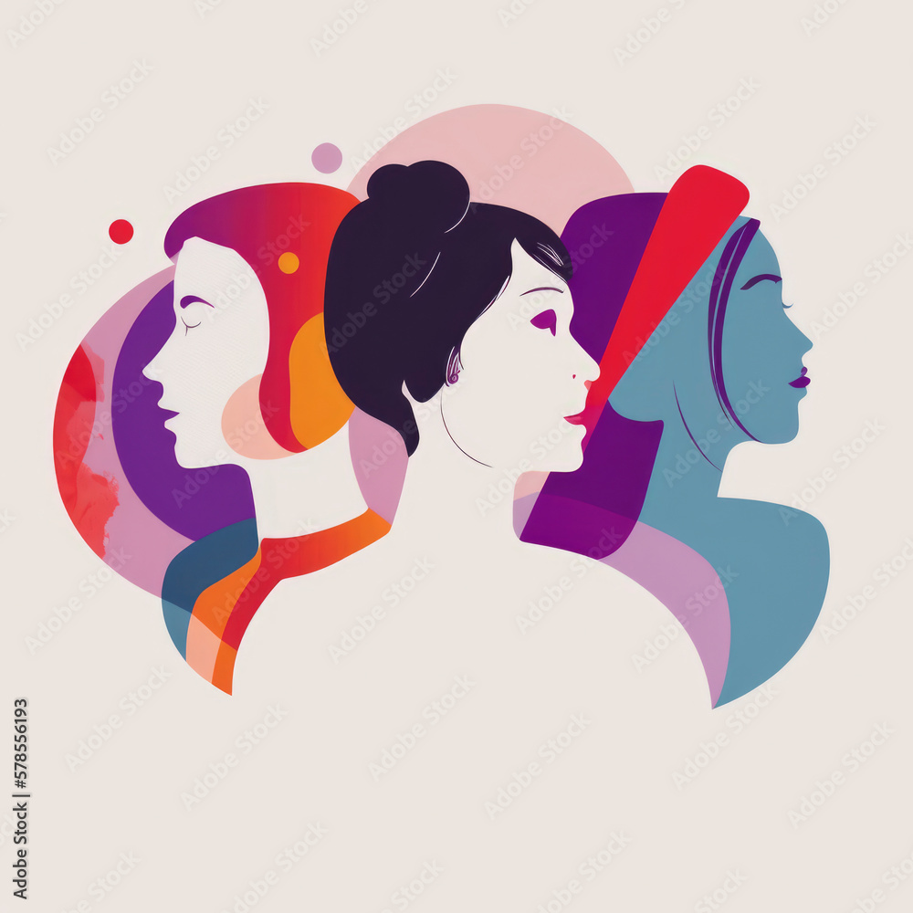 women silhouette  with copy space, 8 march international women day, illustration minimalist paper like art, romantic emotions isolated background, generative ai 