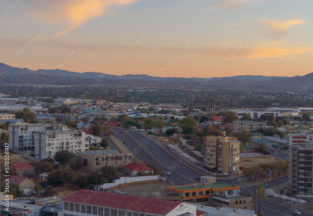 Aerial view of buildings in Windhoek downtown urban city town. Namibia, South Africa.