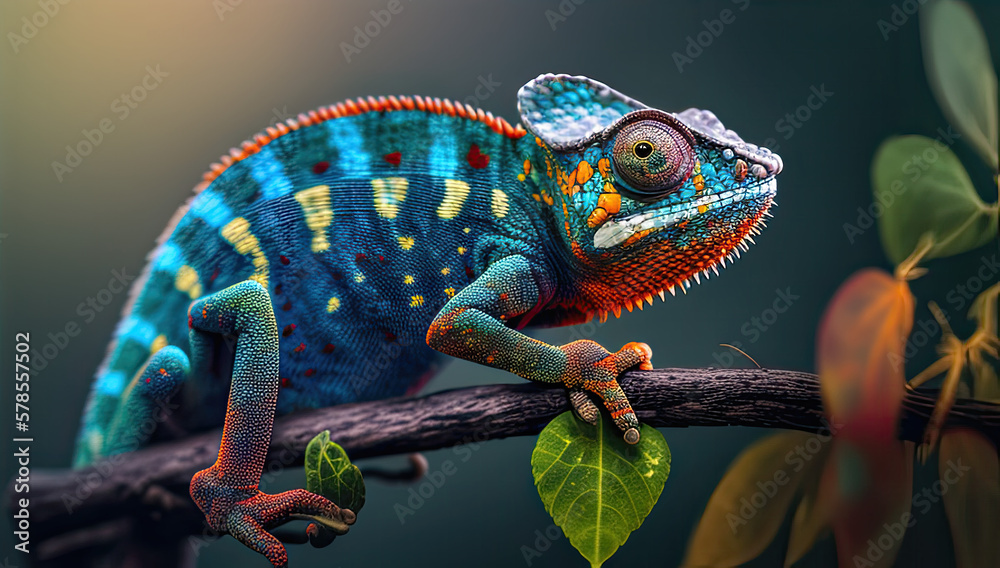 Fototapeta premium Colourful green chameleon close-up on a blurred green background, high resolution, nature, ecology, 3d rendering, environment, highly detailed, rich colors, camouflage, disguise, amazing nature. AI