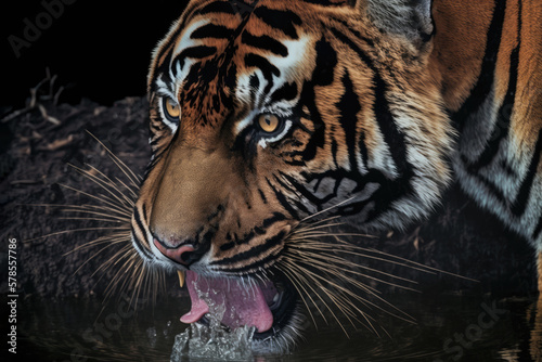 Illustration of a tiger with gorgeous stripes drinking by the jungle riverbank.
