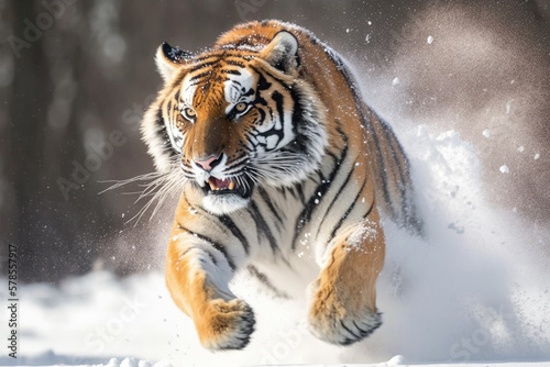 Illustration of a powerful tiger running through snowy terrain, showcasing the grace and strength of this top predator among mammals.