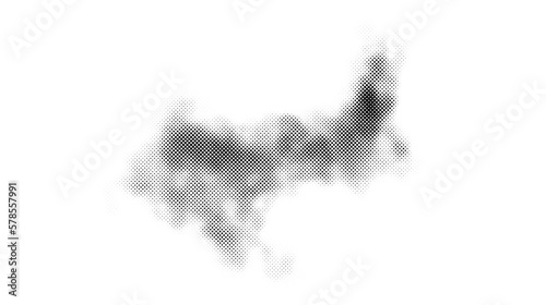 Halftone smoke texture. Black and white dotted fog cloud background. Comic and pop art style design element. Monochrome grunge abstract wallpaper. Vector 