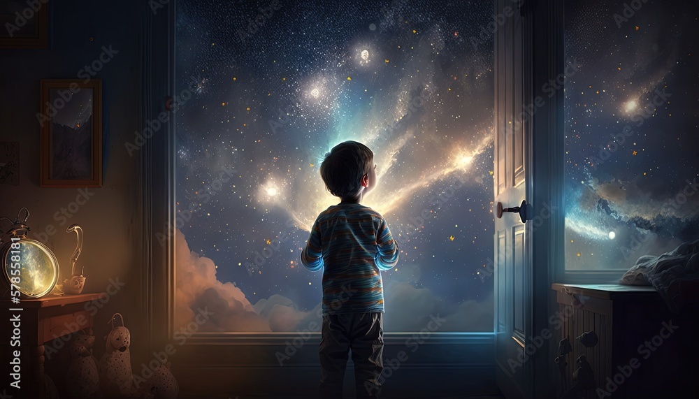 a kid watching out at big window open to galaxy sky, midnight time, idea for imagination and dream concept, Generative Ai a kid watching out at big window open to galaxy sky, midnight time, idea for imagination and dream concept, Generative Ai