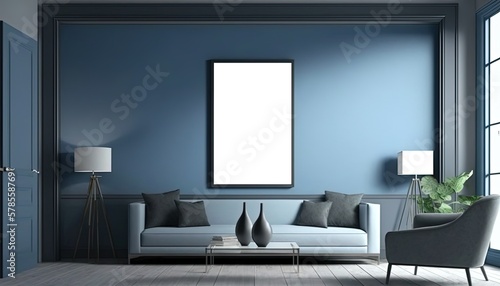 mock-up wall decor frame is hanging in cozy minimalism living room with comfort sofa, Generative Ai © QuietWord