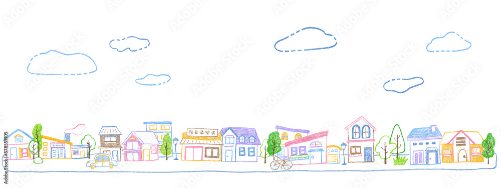 Cityscape, landscape of residential area Cute hand-drawn illustrations of colorful and simple line drawings / 街並み、住宅地の景観 カラフルでシンプルな線画のかわいい手描きイラスト