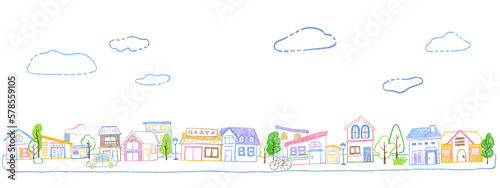 Cityscape, landscape of residential area Cute hand-drawn illustrations of colorful and simple line drawings / 街並み、住宅地の景観 カラフルでシンプルな線画のかわいい手描きイラスト