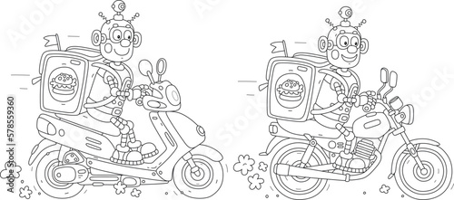Cartoon set of a funny robot courier with a large backpack riding a motorbike and a motor scooter and delivering ordered goods to waiting customers  black and white vector illustrations