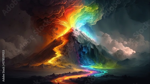 erupting volcano with explode rainbow lava and smoke to sky, Generative Ai