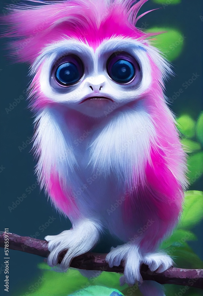 Funny adorable portrait headshot of cute cotton top tamarin. South American land animal standing facing front. Looking to camera. Watercolor illustration. AI generated vertical artistic poster.