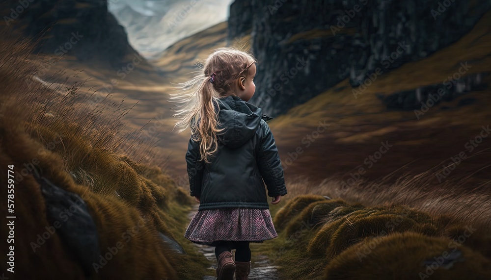 cute girl walking on nature trail way to the peak of mountain, Generative Ai