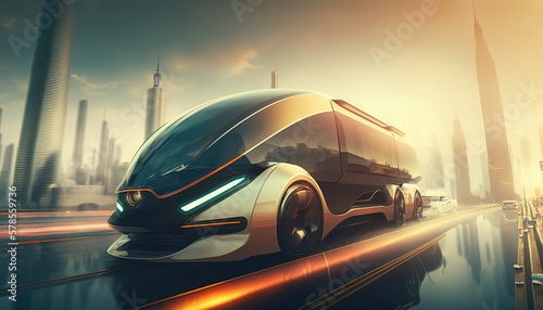 hi-tech future car with light trail and speed blur cityscape background, Generative Ai © QuietWord