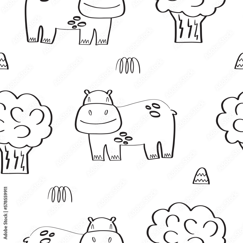 Seamless pattern with cute hippos surrounded by tropical plants in doodle style. Vector illustration isolated on white background for your design Seamless pattern with cute hippos surrounded by tropical plants in doodle style. Vector illustration isolated on white background for your design