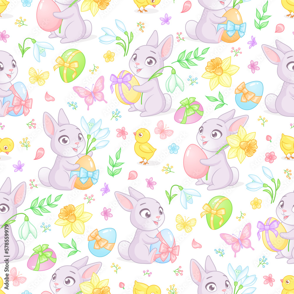 Easter seamless vector pattern with cute bunnies, chicks, eggs, spring flowers and butterflies.