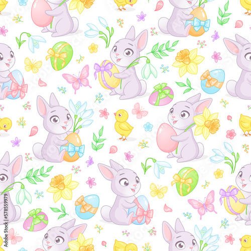 Easter seamless vector pattern with cute bunnies  chicks  eggs  spring flowers and butterflies.