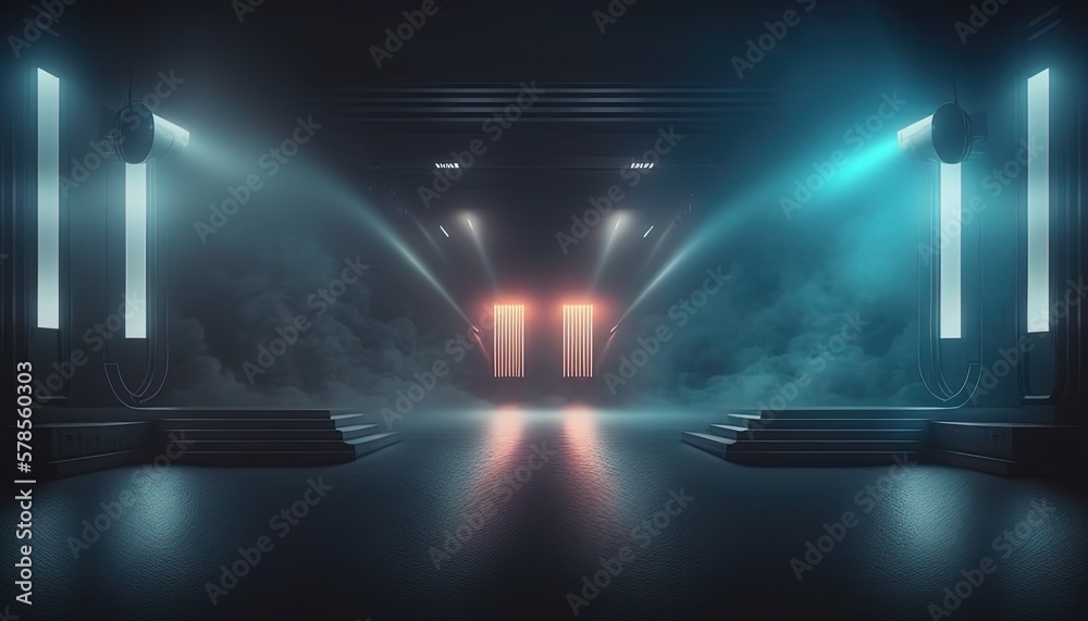 spotlights shine on stage floor in dark room, idea for background, backdrop, mock up, Generative Ai