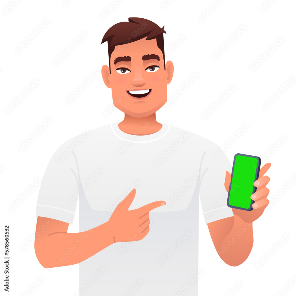 Young handsome caucasian man points to a smartphone in his hand. Advertising of a mobile application or services, promotion of an application or website. Young handsome caucasian man points to a smartphone in his hand. Advertising of a mobile application or services, promotion of an application or website.