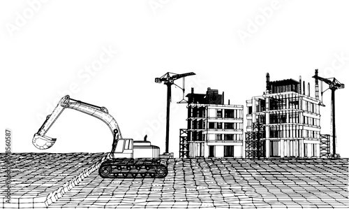 Building construction plan facades with machinery architectural sketch .Vector illustration