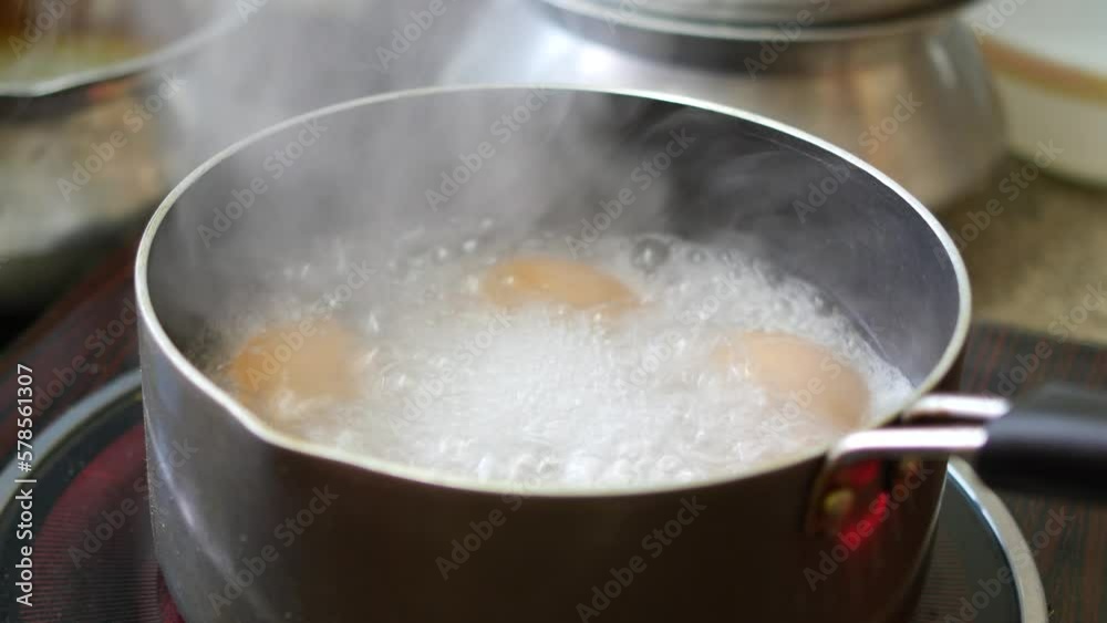 boiling eggs in hot water in a cooking pan boiling eggs in hot water in a cooking pan