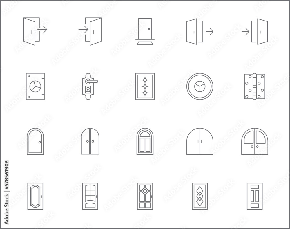 Fototapeta premium Simple Set of door Related Vector Line Icons. Vector collection of frames, front, entry, exit, doorway, entrance, enter, open, close and design elements symbols or logo element.