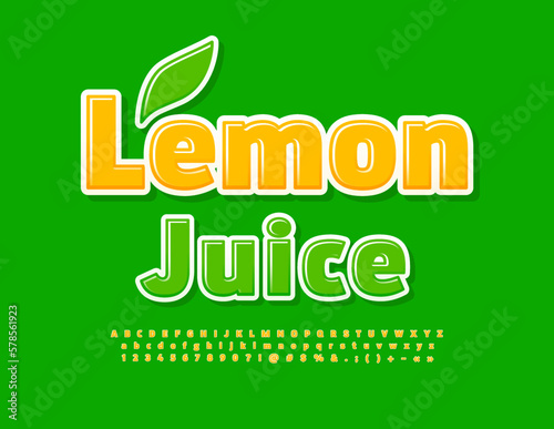 Vector artistic Banner Lemon Juicy.  Yellow Glossy Font. Creative Alphabet Letters and Numbers set 