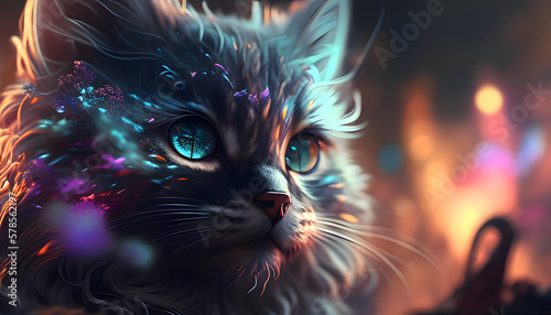 Glowing Neon Cat - Close-up in Dark Environment