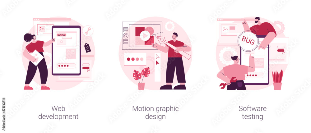 IT company service abstract concept vector illustration set. Web development, motion graphic design, software testing, application coding, UI and UX design, QA team, bug fixing abstract metaphor. IT company service abstract concept vector illustration set. Web development, motion graphic design, software testing, application coding, UI and UX design, QA team, bug fixing abstract metaphor.