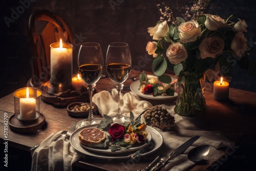 Luxury romantic candlelight dinner table set up for the couple on Valentine's day with Champagne wine glasses and beautiful food decoration. AI Generative