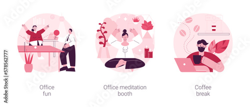 Stress management at work abstract concept vector illustration set. Office fun, meditation booth, coffee break, employee wellbeing, teambuilding activity, relax room, yoga break abstract metaphor.